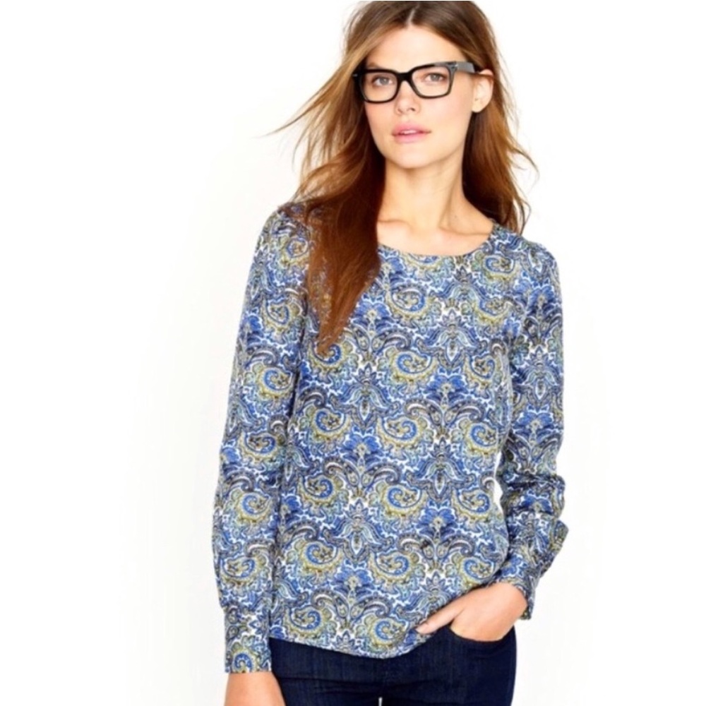 ✨ J.Crew Silk Paisley Blouse – Blue & Gold, Preppy, Lightweight, Size 4 ✨